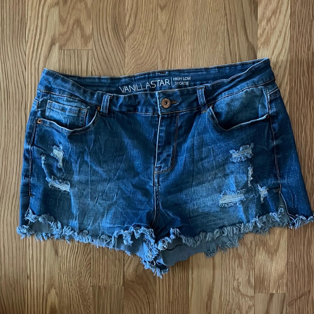 Vanilla Star High Low Shortie Distressed Jean Shorts Size 11